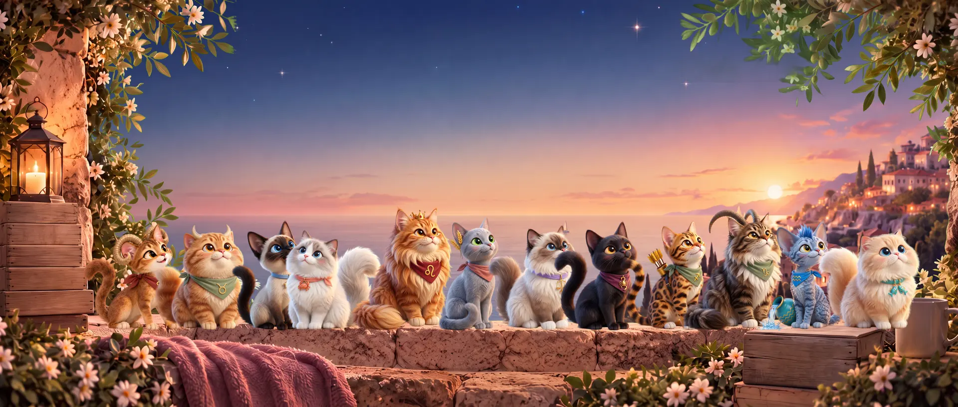Twelve zodiac cats sitting on a stone ledge by the sea at sunset